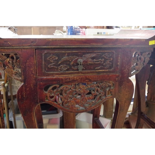 1738 - A pair of Chinese carved and stained altar type side tables, each with single frieze drawer, 69... 