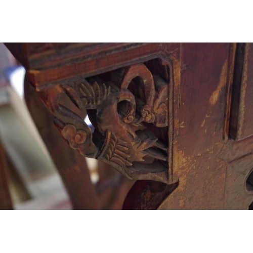 1738 - A pair of Chinese carved and stained altar type side tables, each with single frieze drawer, 69... 