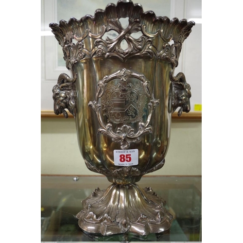 85 - A 19th century Old Sheffield plate wine cooler, having rams head handles and decorated armorial, 27c... 