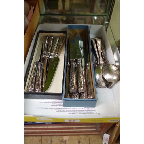 87 - Six silver plated soup spoons; together with twelve Kings pattern stainless steel knives; and a Vict... 