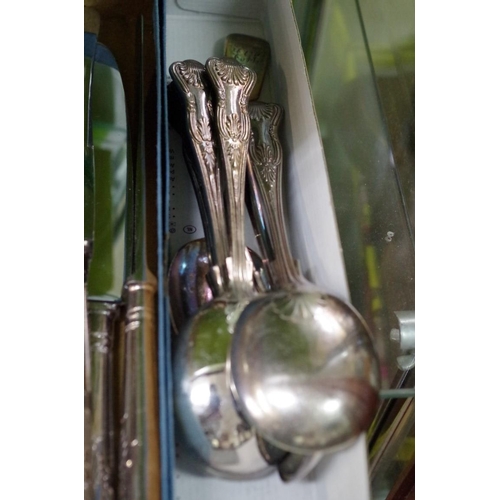 87 - Six silver plated soup spoons; together with twelve Kings pattern stainless steel knives; and a Vict... 