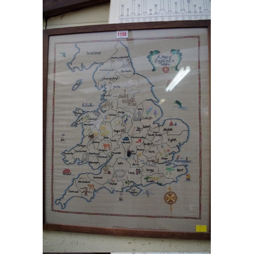 1158 - A 1930s map sampler of England and Wales, 53.5 x 44cm. 