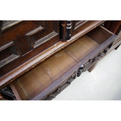 1166 - A late 17th century and later oak cabinet on stand, with geometric moulding and ebonized detail, 89c... 