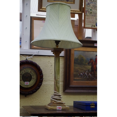 1168 - An green onyx and brass Corinthian table lamp. 