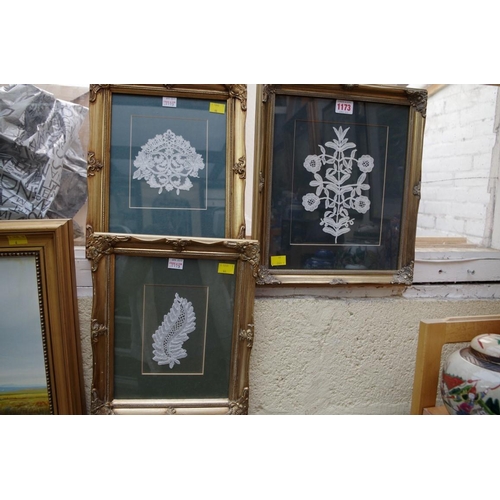 1173 - Three small decorative lace panels, largest 20.5cm high, each framed. 