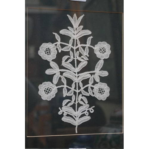 1173 - Three small decorative lace panels, largest 20.5cm high, each framed. 