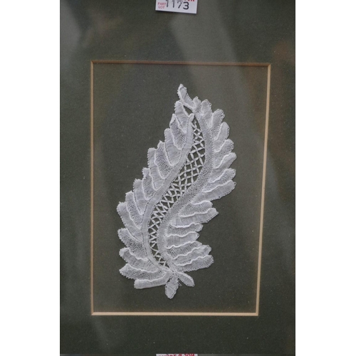 1173 - Three small decorative lace panels, largest 20.5cm high, each framed. 