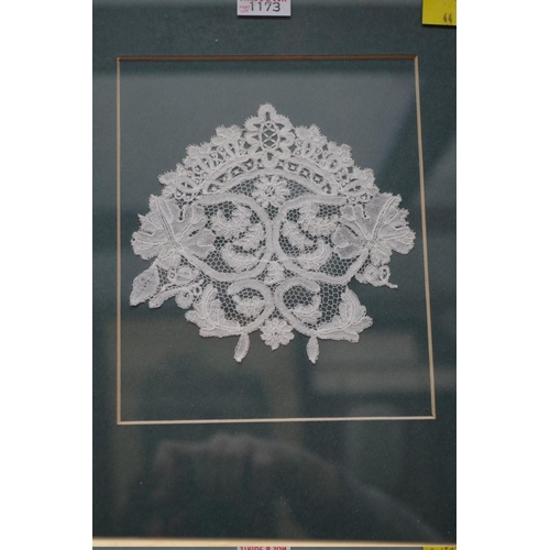 1173 - Three small decorative lace panels, largest 20.5cm high, each framed. 