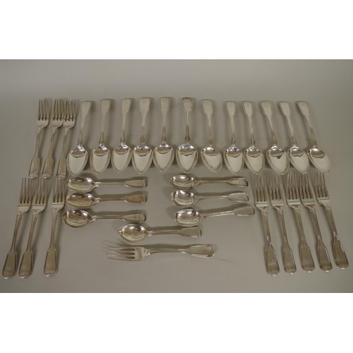 72 - A quantity of Georgian silver fiddle and thread pattern flatware, various makers, London 1822-32, 13... 