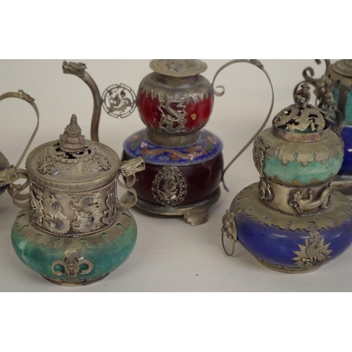 564 - Three Chinese cloisonne and metal mounted small wine pots and covers, largest 13.5cm high; ... 