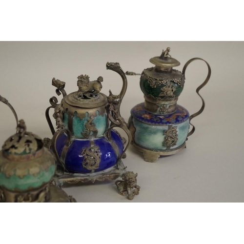 564 - Three Chinese cloisonne and metal mounted small wine pots and covers, largest 13.5cm high; ... 