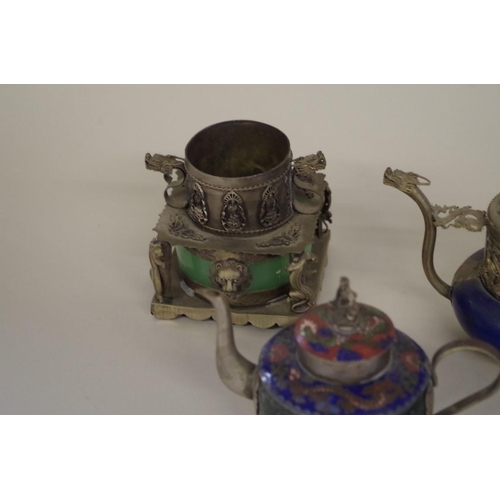 564 - Three Chinese cloisonne and metal mounted small wine pots and covers, largest 13.5cm high; ... 