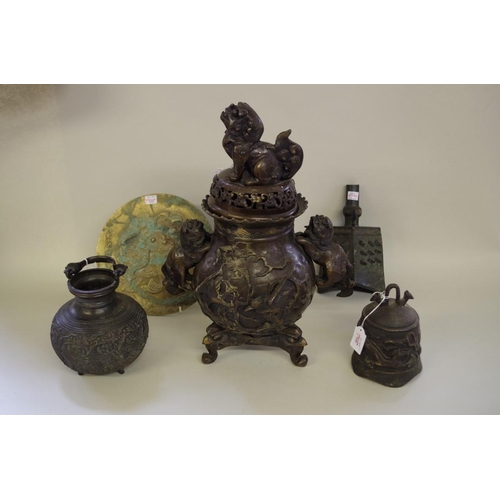 565 - A group of Chinese Archaistic style bronzes, comprising: a large twin handled tripod censer and cove... 