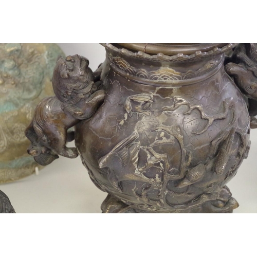 565 - A group of Chinese Archaistic style bronzes, comprising: a large twin handled tripod censer and cove... 