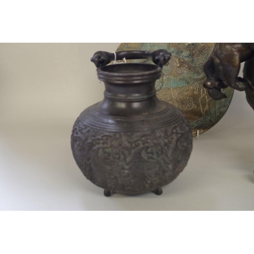 565 - A group of Chinese Archaistic style bronzes, comprising: a large twin handled tripod censer and cove... 