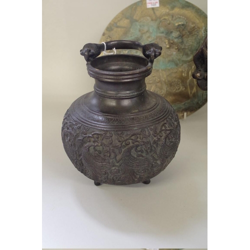 565 - A group of Chinese Archaistic style bronzes, comprising: a large twin handled tripod censer and cove... 