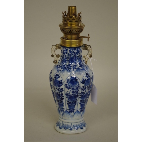 568 - A Chinese blue and white twin handled vase, Kangxi, of lobed form, converted to a lamp, to... 