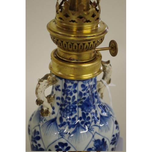 568 - A Chinese blue and white twin handled vase, Kangxi, of lobed form, converted to a lamp, to... 