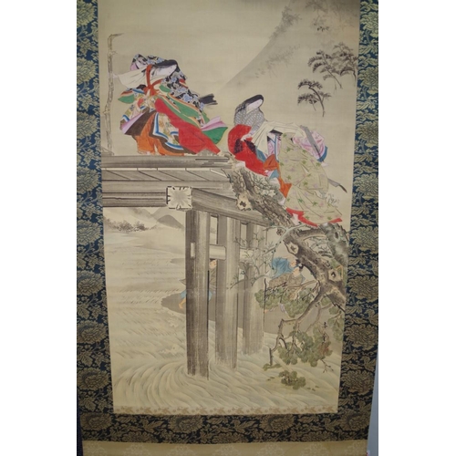 721 - Japanese School, figures fleeing a flood, signed twice, watercolour, image 108 x 42cm, on scroll wit... 