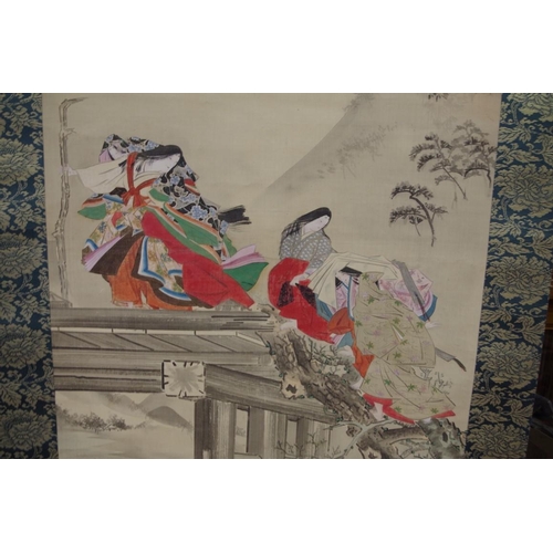 721 - Japanese School, figures fleeing a flood, signed twice, watercolour, image 108 x 42cm, on scroll wit... 