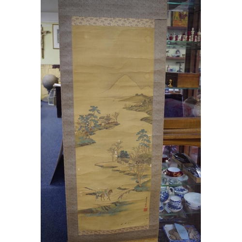 725 - A Chinese red silk panel, gilt painted with script, 190 x 35cm; together with three C... 