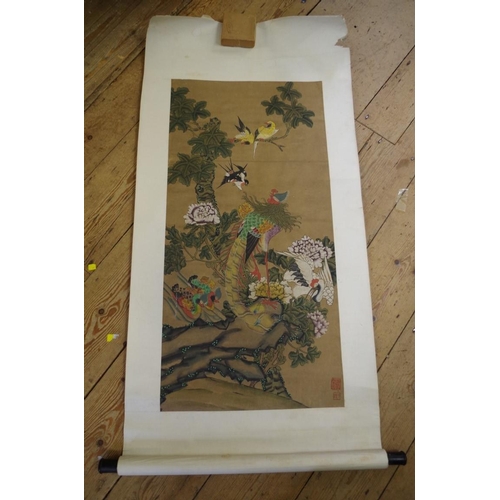 725 - A Chinese red silk panel, gilt painted with script, 190 x 35cm; together with three C... 