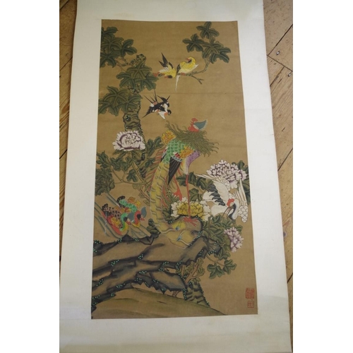 725 - A Chinese red silk panel, gilt painted with script, 190 x 35cm; together with three C... 