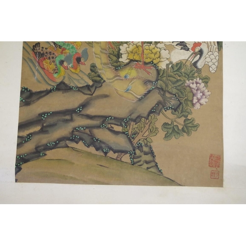 725 - A Chinese red silk panel, gilt painted with script, 190 x 35cm; together with three C... 