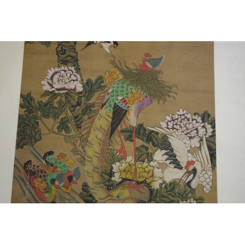 725 - A Chinese red silk panel, gilt painted with script, 190 x 35cm; together with three C... 