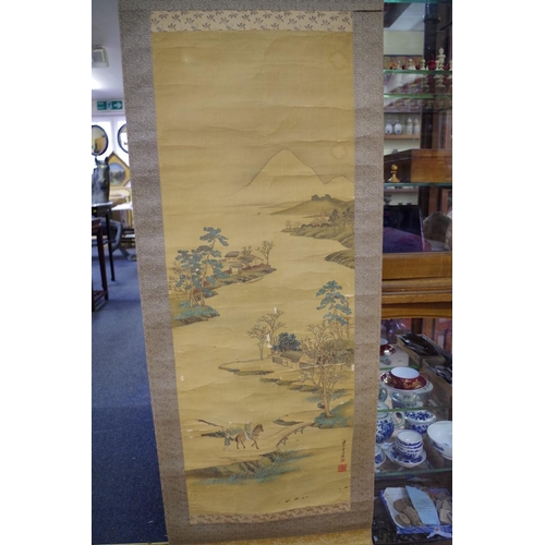 725 - A Chinese red silk panel, gilt painted with script, 190 x 35cm; together with three C... 