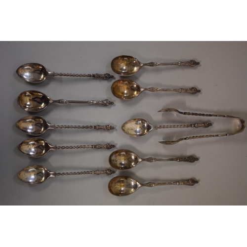 62 - Five silver apostle spoons, by Aitkin Bros, Sheffield 1925, 75.5g; together with five silver plated ... 