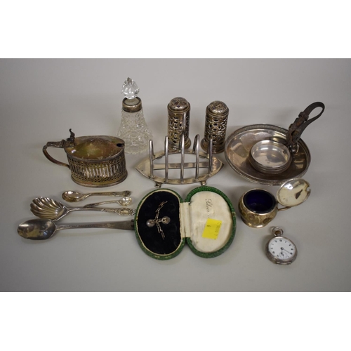 79 - A small collection of silver and metal items, to include: a toast rack; a mustard; a fob watch; and ... 