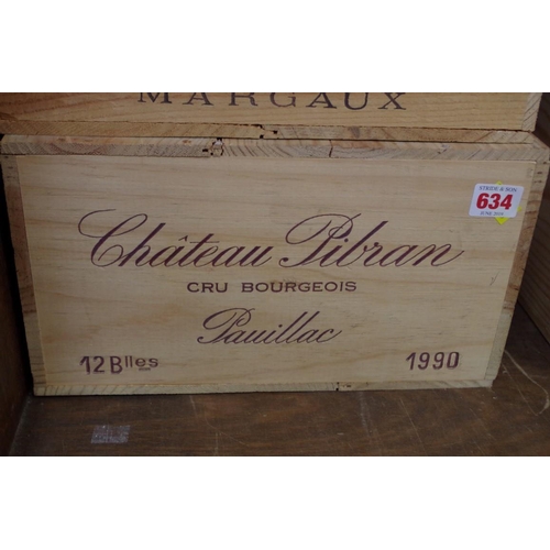 634 - A case of twelve 75cl bottles of Chateau Pibran, 1990, in owc.PLEASE NOTE: ADDITIONAL VAT ON THE HAM... 