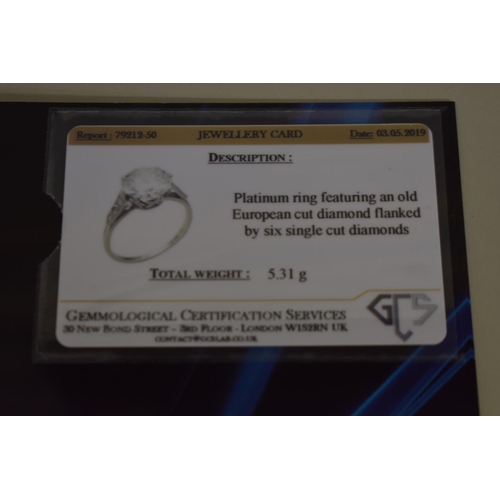 280 - A 4.8ct diamond and platinum ring, old European cut, colour J/K, clarity VS1/VS2, the shoulders set ... 