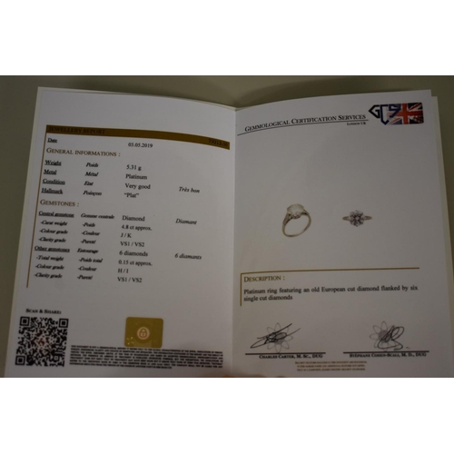 280 - A 4.8ct diamond and platinum ring, old European cut, colour J/K, clarity VS1/VS2, the shoulders set ... 