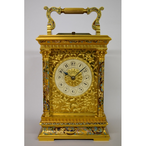 1744 - A good and large gilt brass and champleve enamel carriage clock, by E Maurice &amp; Co, with push bu...
