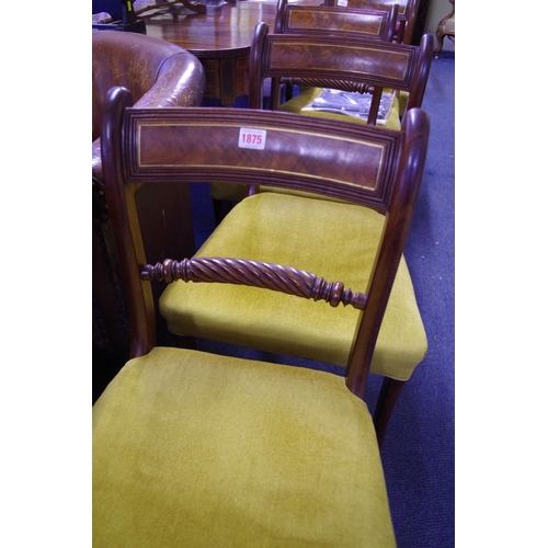 1494 - A set of six Regency mahogany and brass strung sabre leg dining chairs. 