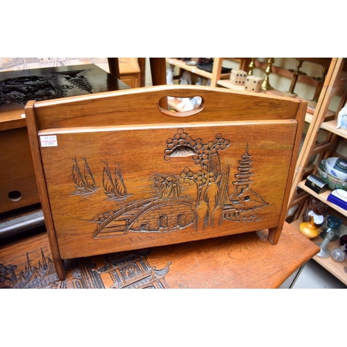 1191 - A matched suite of Oriental carved hardwood furniture, comprising a bureau, 91.5cm wide; a low ... 