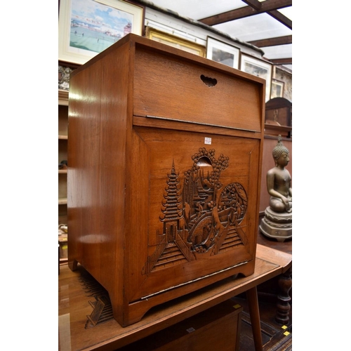 1191 - A matched suite of Oriental carved hardwood furniture, comprising a bureau, 91.5cm wide; a low ... 