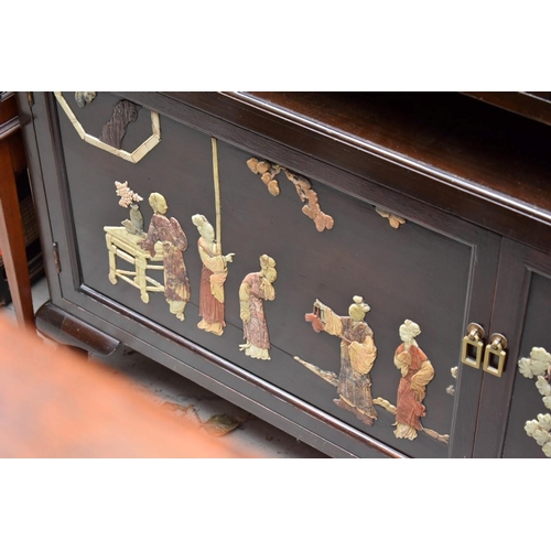 1195 - A Chinese hardwood and hard stone inset display cabinet, 136.5cm wide.