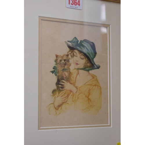 1364 - Marjorie Mostyn, a lady with a Yorkshire terrier, signed, watercolour, 17.5 x 13cm.