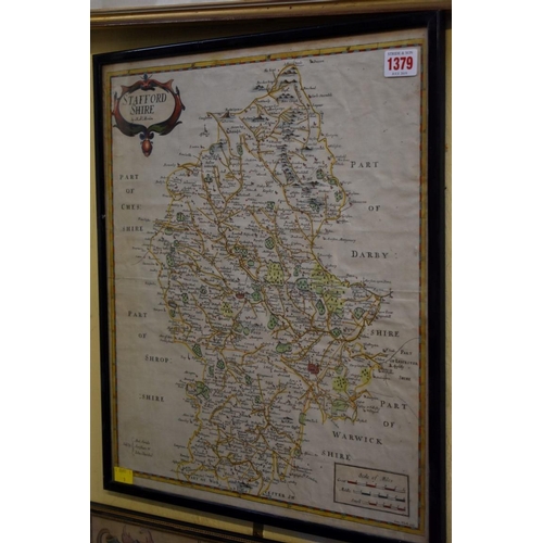 1379 - Robert Morden, 'Staffordshire', an antique hand coloured map, 44.5 x 48cm; together with a similar o... 