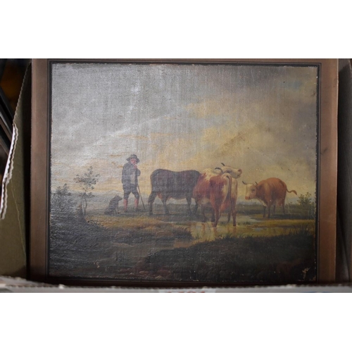 1401 - European School, late 18th/early 19th century, figure and cattle by a watering hole, oil on can... 