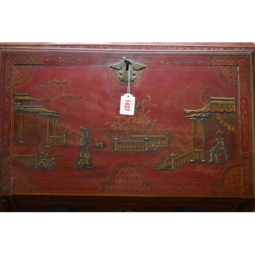 1437 - A red lacquered and chinoiserie bureau on gilt stand, with hoof feet, 70cm at widest point.&nbs... 