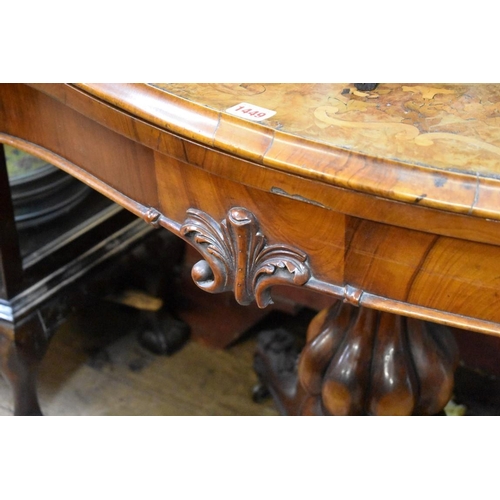 1449 - A Victorian walnut and marquetry pedestal card table, of serpentine outline, 93cm wide. ... 