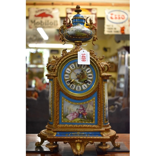 1459 - A late 19th century gilt metal and Sevres style porcelain clock garniture, the clock 39.5cm high, wi... 