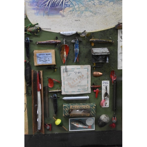 1468 - Angling: a framed display of fishing items, 63.5 x 79.5cm.