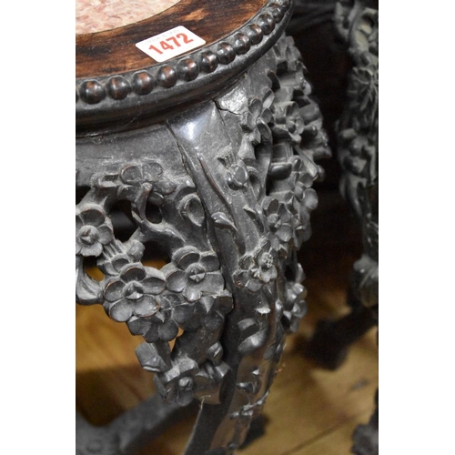 1472 - A late 19th century Chinese carved and pierced hardwood marble inset circular jardiniere stand, 60cm... 