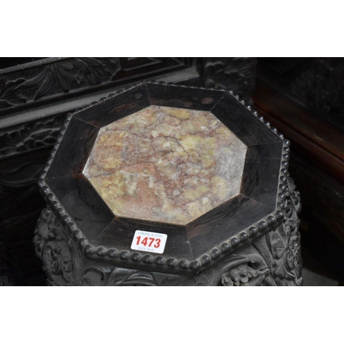 1473 - A late 19th century Chinese carved and pierced hardwood marble inset hexagonal jardiniere stand, 61c... 