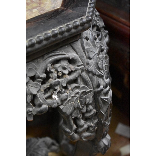 1473 - A late 19th century Chinese carved and pierced hardwood marble inset hexagonal jardiniere stand, 61c... 